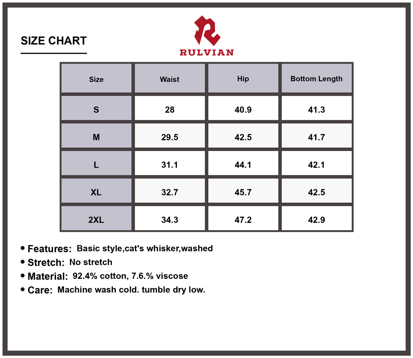 Size Chart - Men's Straight Fit Jeans Cat's Whisker Washed Premium Durable Classic Denim Pants for Versatile Casual Everyday Wear