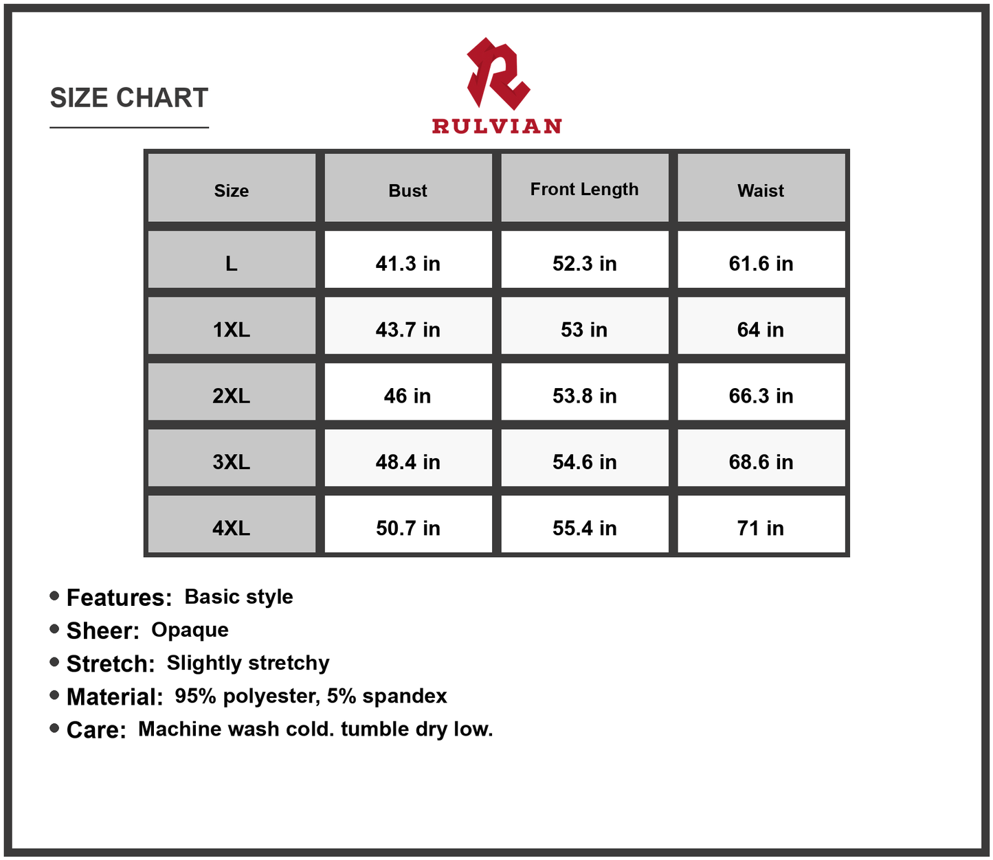Size Chart - Women's Plus Size Tie Shoulder Maxi Dress with Stretch Sheer Overlay for Flattering Fit 95% Polyester 5% Spandex Fabric