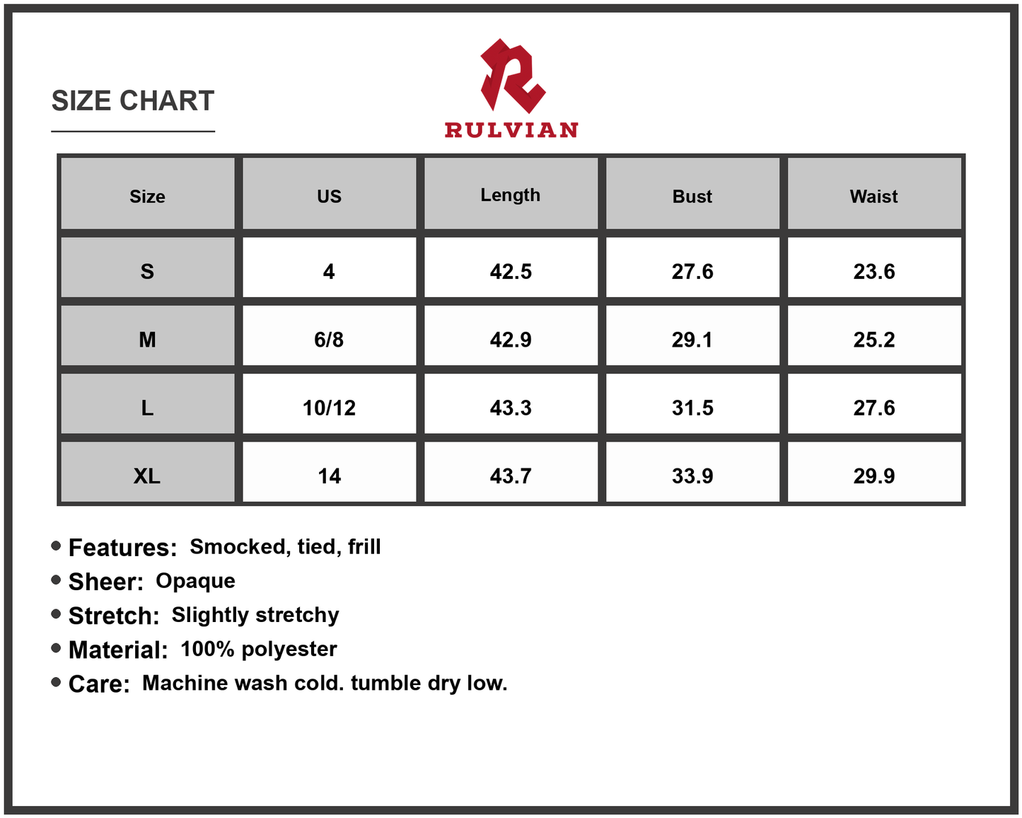Size Chart - Women's Smocked Floral Tie Shoulder Midi Dress 100% Polyester Fabric Lightweight Elegant Look Feminine Draping