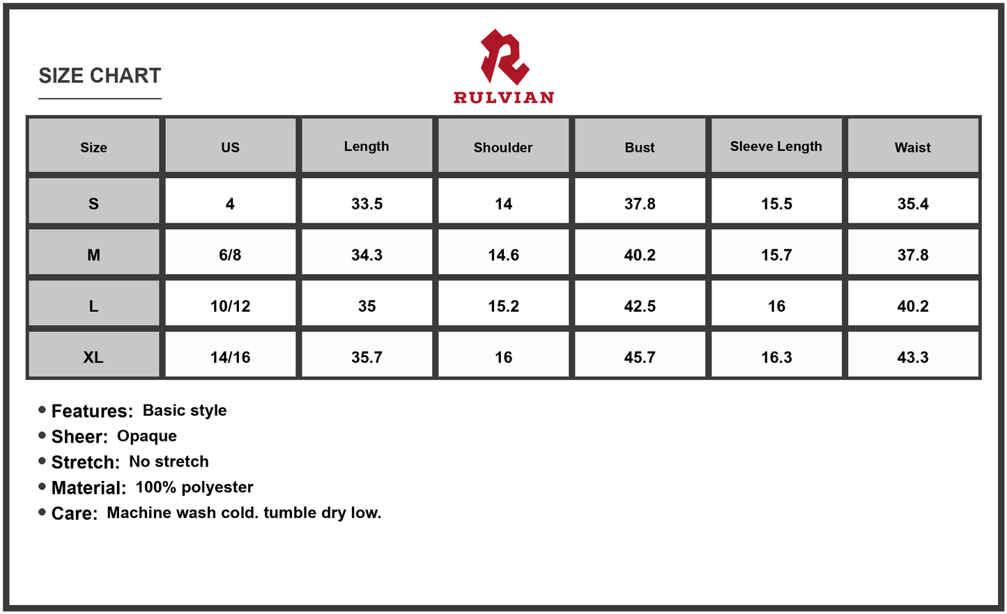 Size Chart - Women's Printed Notched Three Quarter Sleeve Mini Dress with Layered Look and Polyester Fabric for Everyday Chic Style