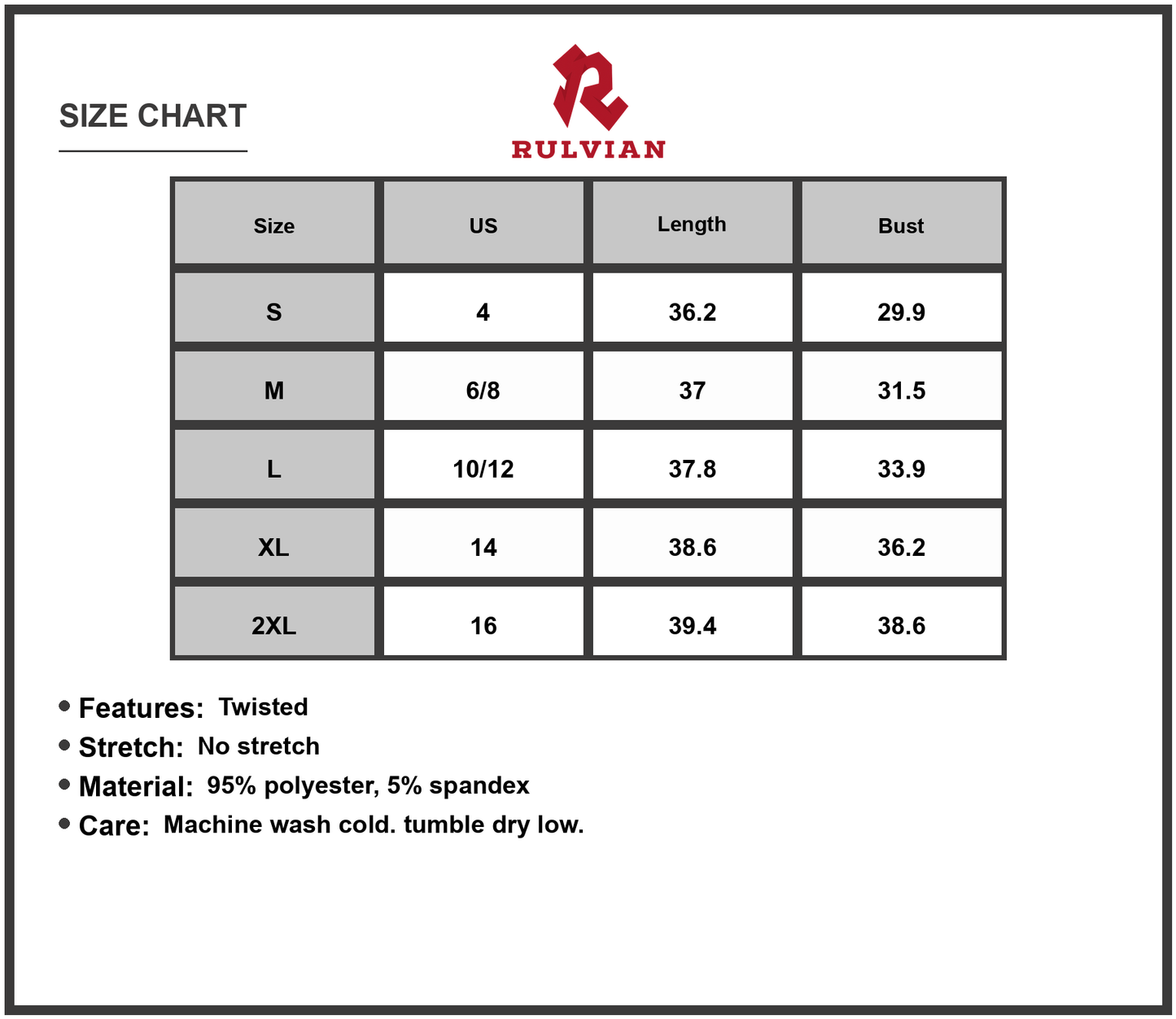 Size Chart - Women's Twisted Front V Neck Sleeveless Dress with Stretch 95% Polyester 5% Spandex for Flattering Fit Everyday Wear