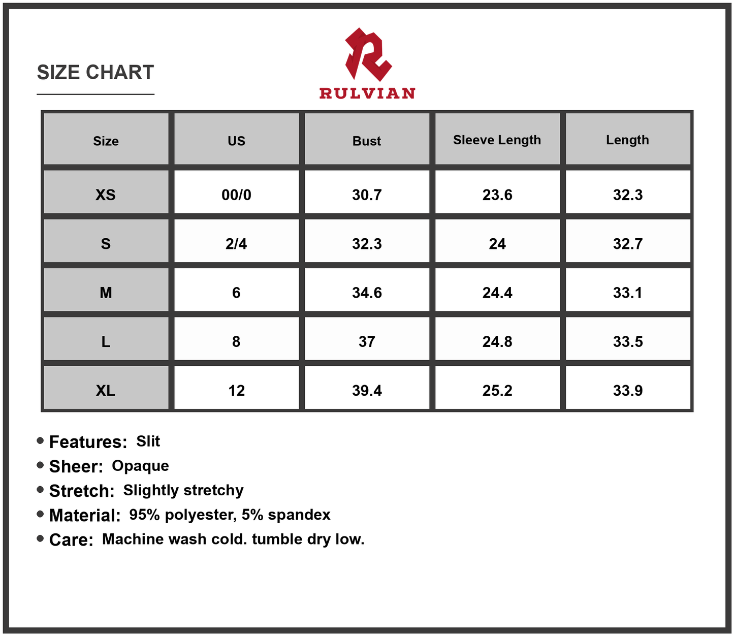 Size Chart - Women's Side Drawstring Round Neck Long Sleeve Dress Slit Sheer Opaque Stretch Not Lined 95% Polyester 5% Spandex