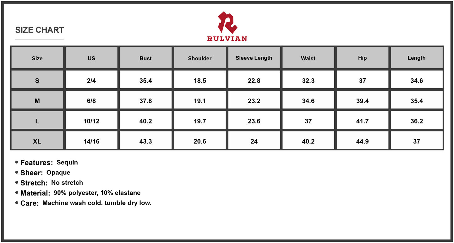 Size Chart - Women's Sequin Round Neck Long Sleeve Dress with ninety% polyester and ten% elastane fabric for elegant evening wear