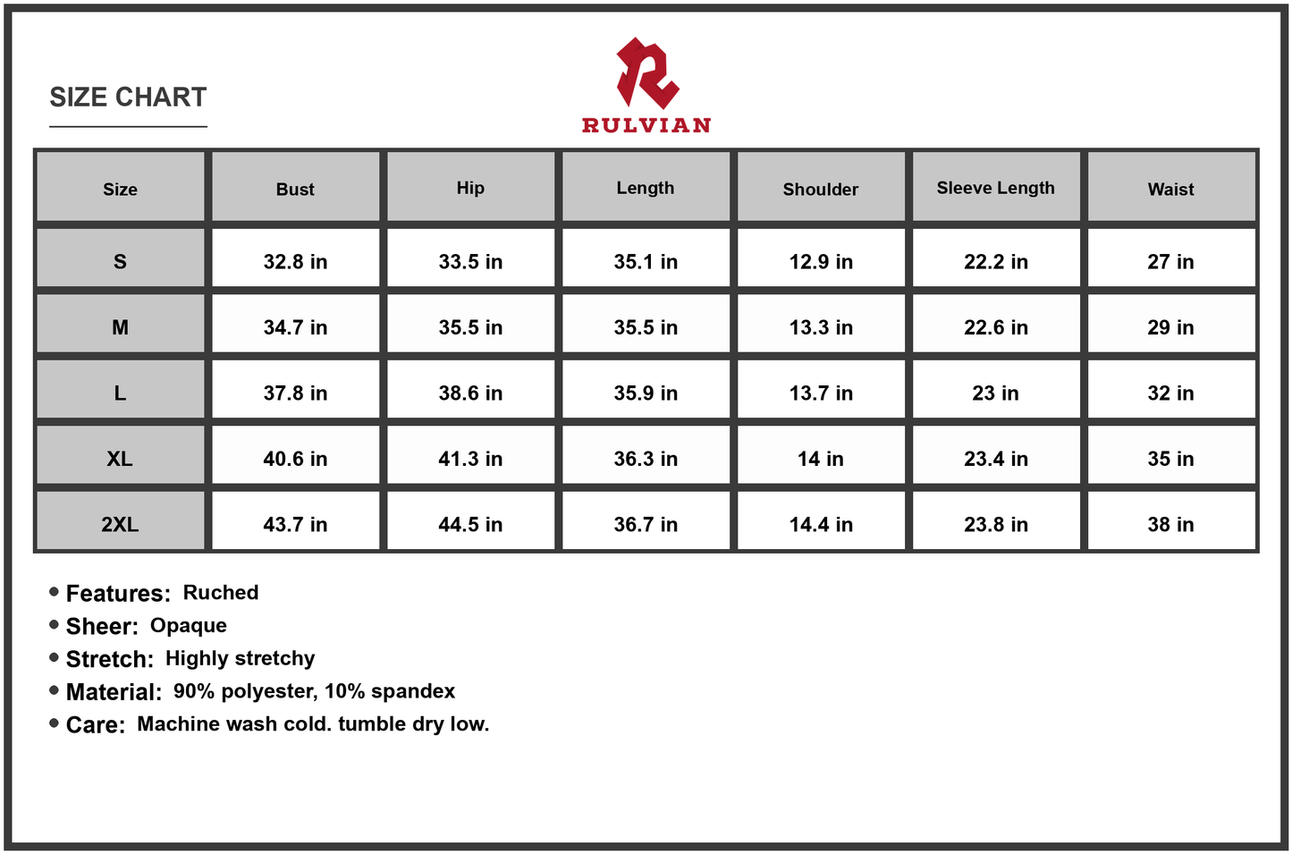 Size Chart - Women's Long Sleeve Tulip Hem Dress with Ruched Details Opaque Stretch Fabric 90% polyester 10% spandex flowy silhouette
