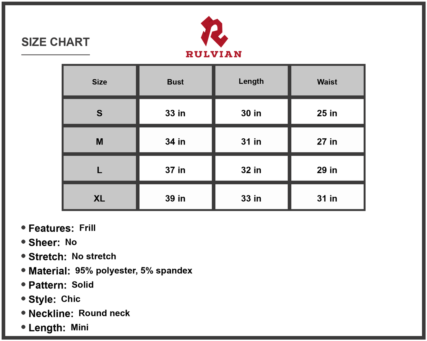 Size Chart - Women's Frill Trim Spaghetti Strap Mini Dress Round Neck Sleeveless A Line Short Dress 95% polyester 5% spandex Chic