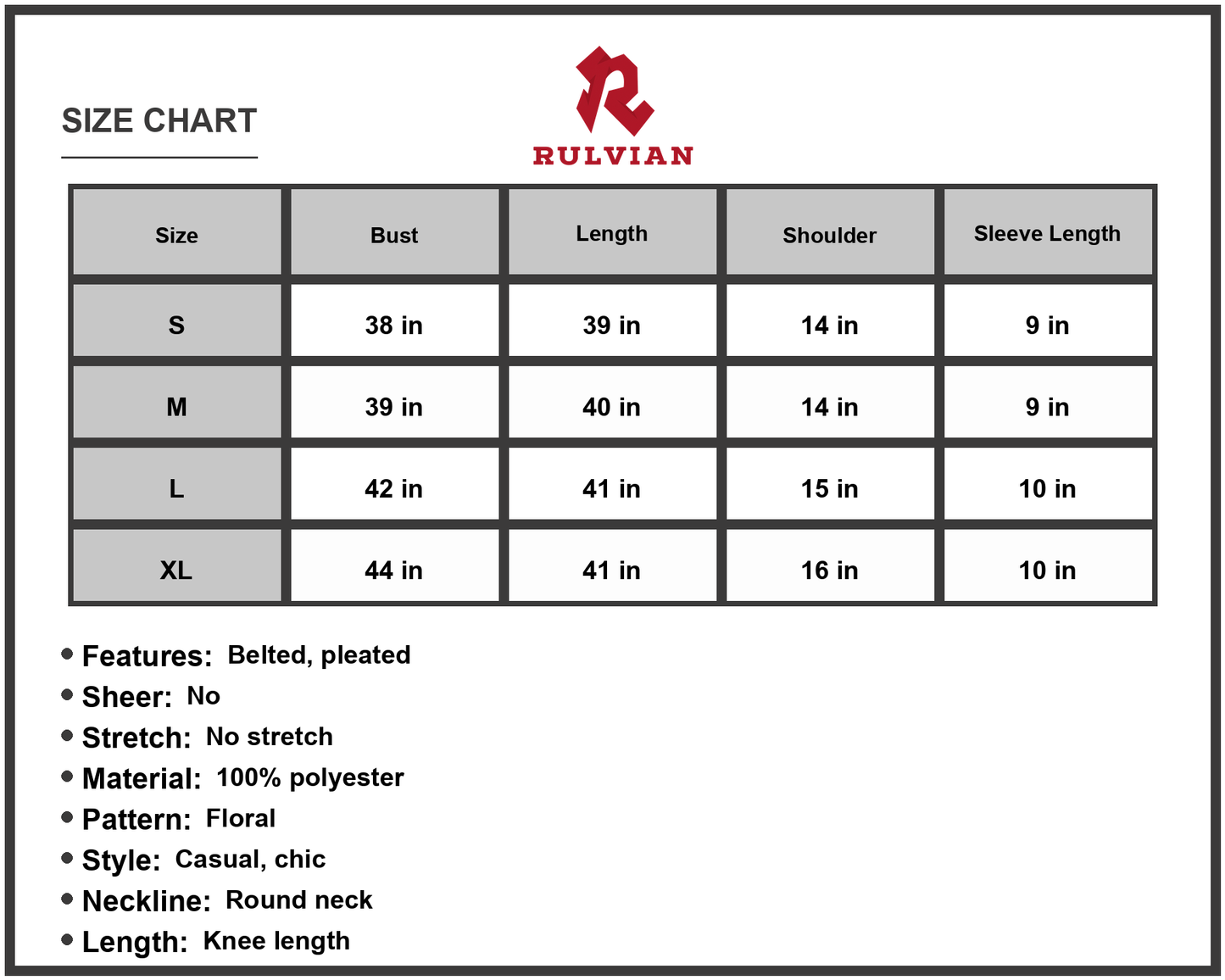 Size Chart - Women's Floral Round Neck Tie Belt Pleated Dress with Flutter Short Sleeves Knee Length Polyester for Casual Chic