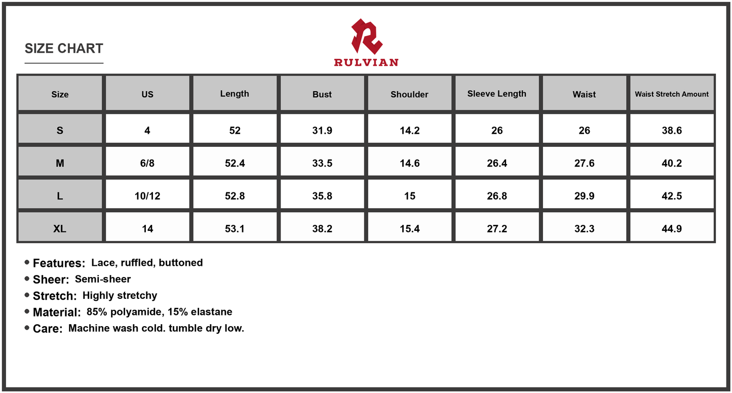 Size Chart - Women's Lace Contrast Collar Long Sleeve Midi Dress with Sheer Panels 85% polyamide 15% elastane Elegant Evening Wear