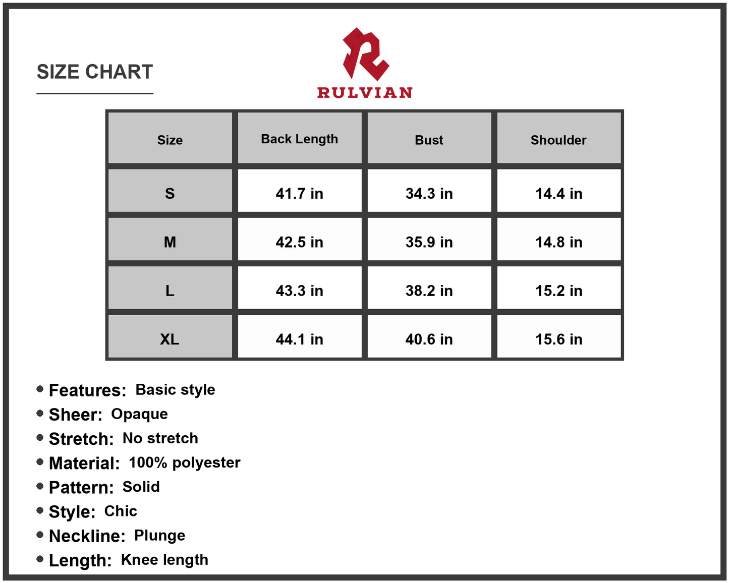 Size Chart - Women's Deep V Sleeveless Tulip Hem Dress Solid Chic Knee Length for Everyday Wear one hundred percent polyester