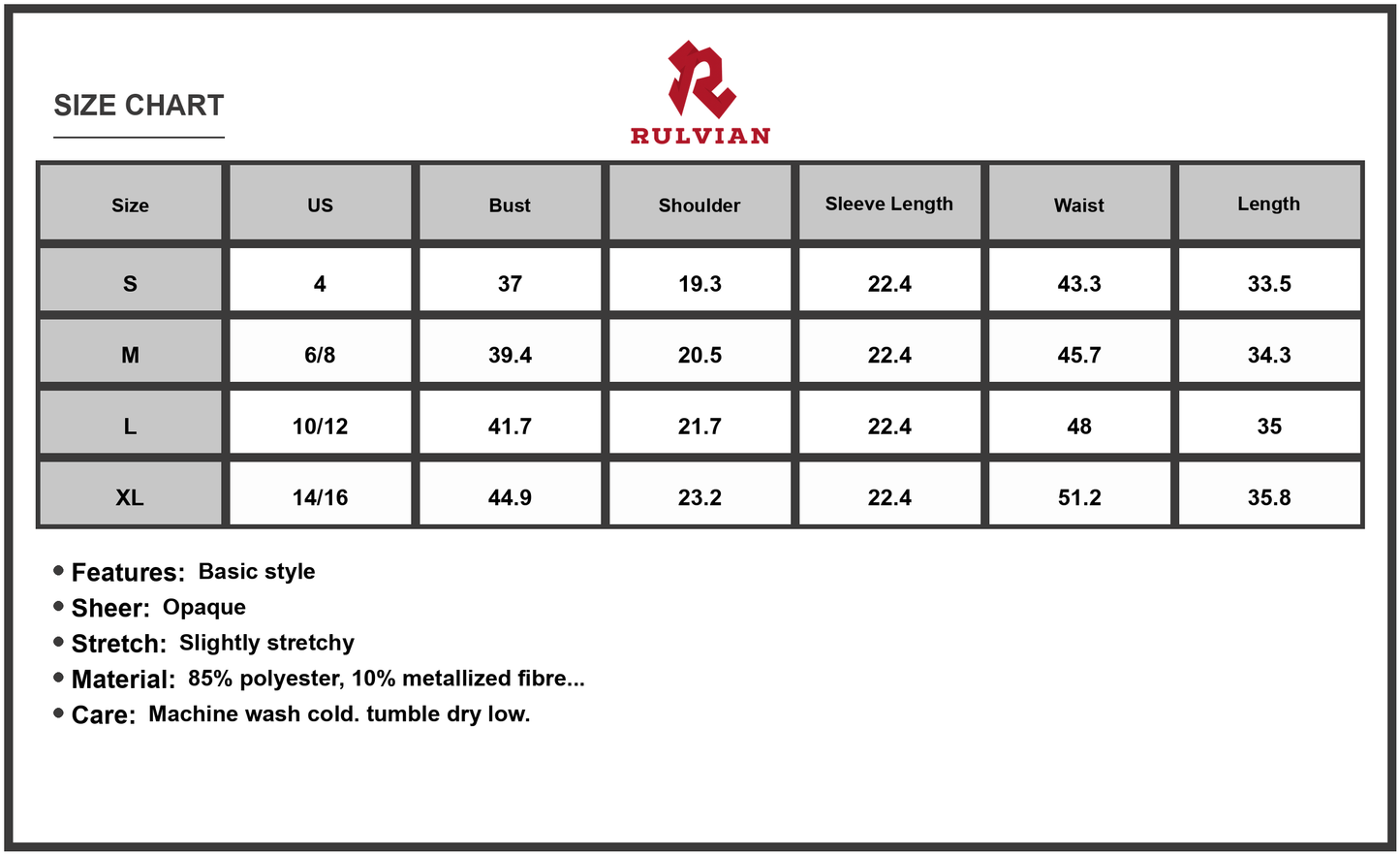 Size Chart - Women's Textured V Neck Long Sleeve Mini Dress For Day Night Events 85% Polyester 10% Metallized Fibres 5% Elastane