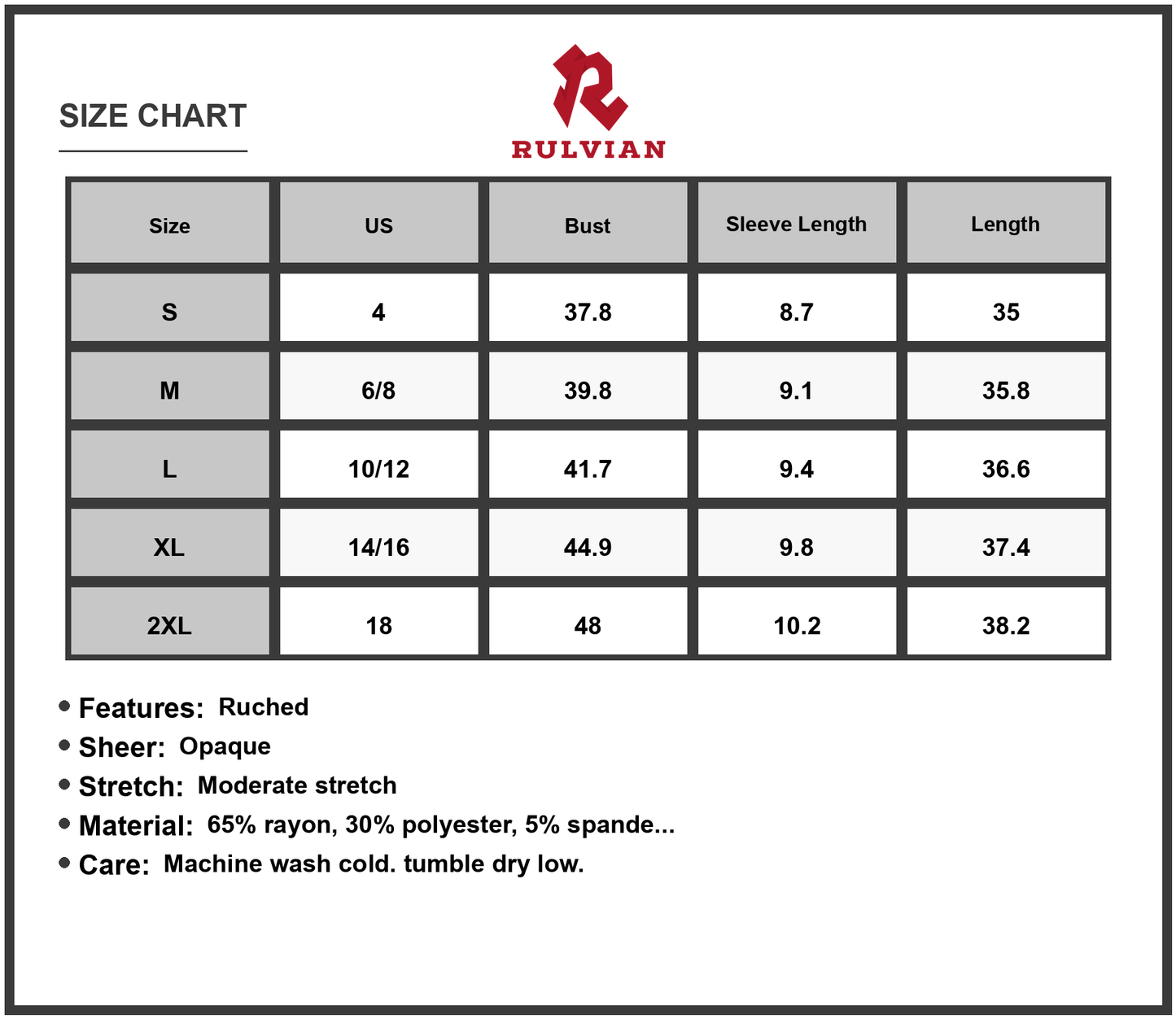 Size Chart - Women's Round Neck Short Sleeve Mini Dress with Ruched Sheer Panels 65% rayon 30% polyester 5% spandex Imported