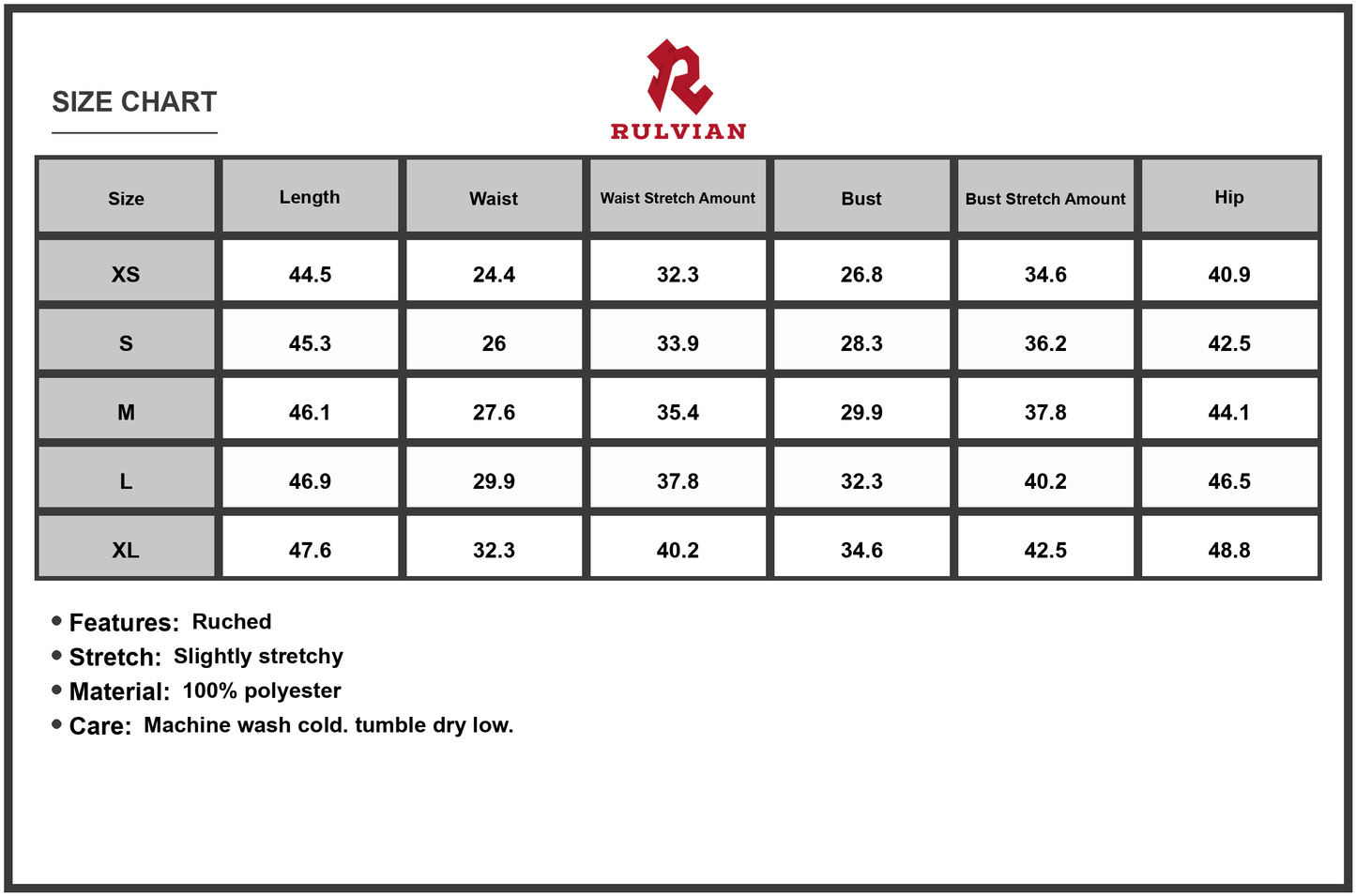 Size Chart - Women's Printed Side Slit Ruched Stretch Tube Dress 100% Polyester Made For Everyday Wear Flattering Knee Length