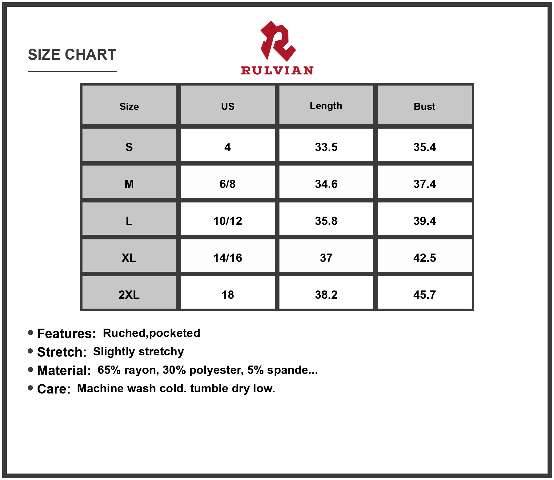 Size Chart - Womens Sleeveless Dress Ruched Pockets Stretch Sixty five percent rayon thirty percent polyester five percent spandex