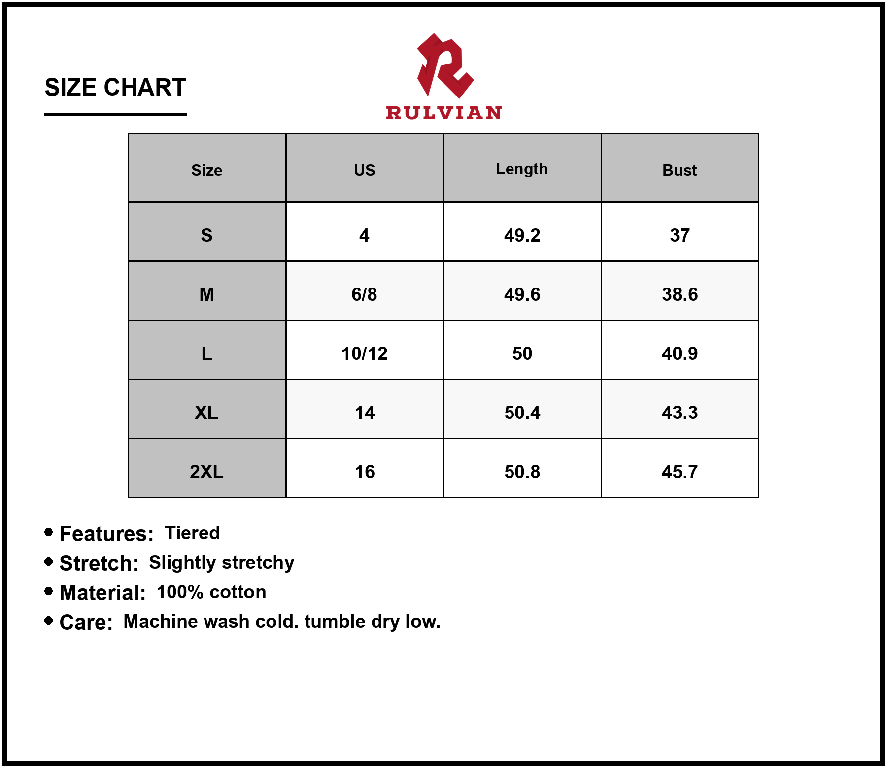 Size Chart - Women's Tiered V-Neck Sleeveless Dress with Lightweight Cotton 100% Comfortable Fit and Soft Structure for All Day Wear