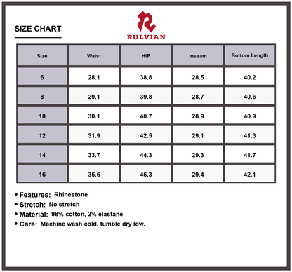 Size Chart - Women's Rhinestone Gradient Straight Leg Jeans High Quality Premium Durable Versatile Casual Everyday Fashion Apparel
