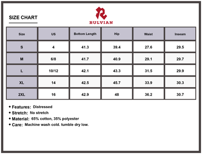 Size Chart - Women's Distressed Straight Leg Jeans Non Stretch Denim Pants Premium Quality for Casual Everyday Wear Durable Modern Fashionable Look