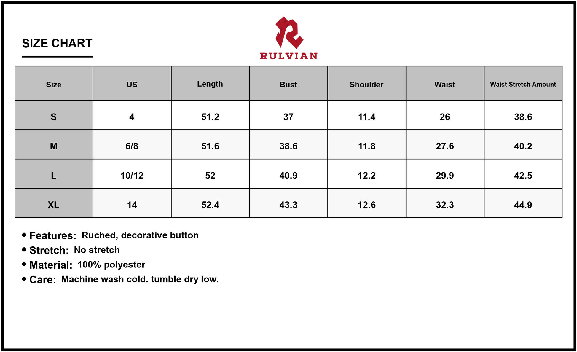 Size Chart - Women's Notched Sleeveless Maxi Tank Dress with Ruched Front and Decorative Button Polyester Fabric for Everyday Wear
