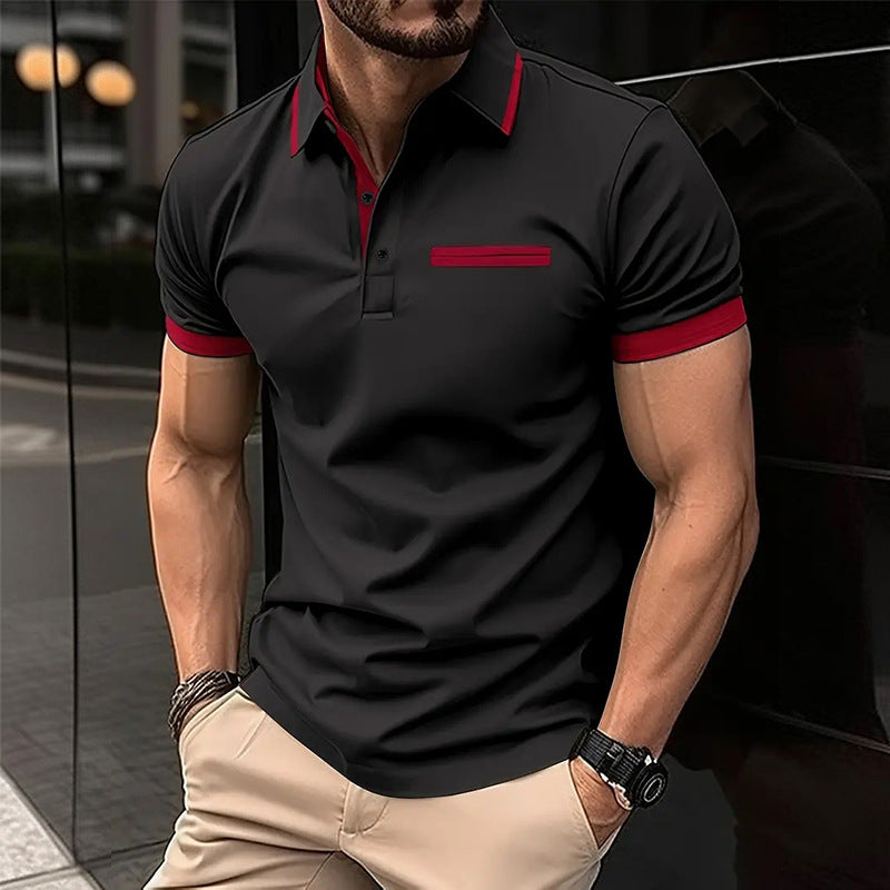Men's Polo Shirt With Faux Chest Pocket And Lapel Button Short Sleeve Color Matching Polyester Blend Tee