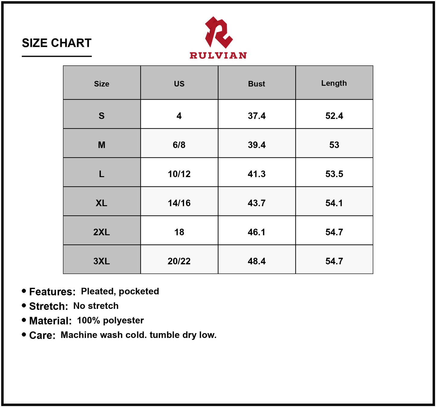 Size Chart - Women's Pleated Round Neck Maxi Dress 100% Polyester Plus Size Full Length Evening Gown Lightweight Easy Care