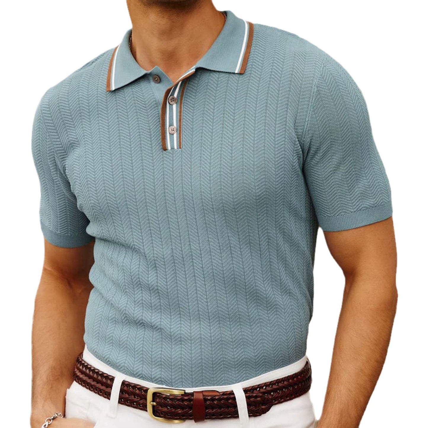 Men's Simplicity Short Sleeve Tencel Fabric 100% Leisure Sweater for Summer Comfort in Light Blue Ensemble