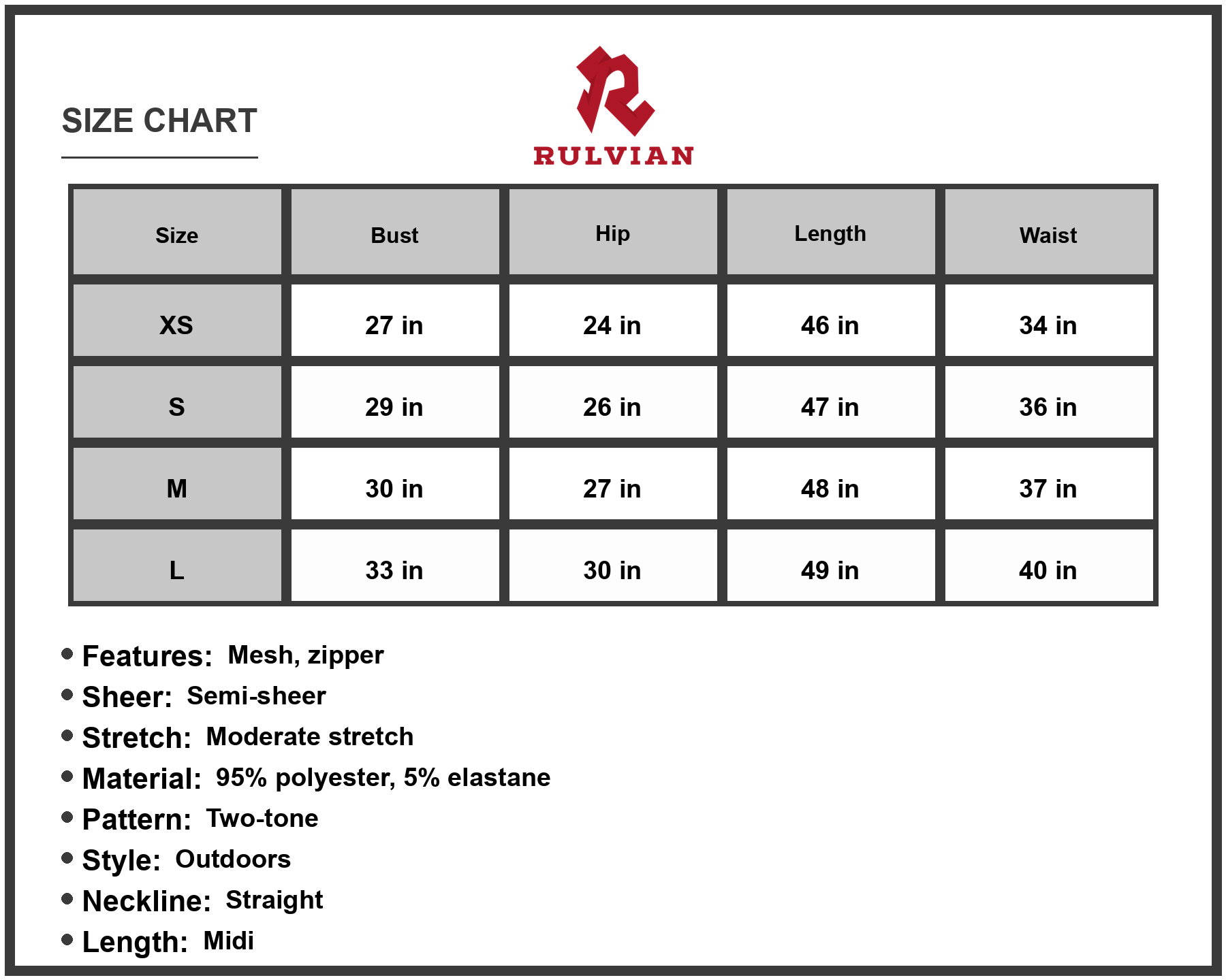 Size Chart - Women's Two-Tone Spaghetti Strap Mesh Dress with Straight Neckline Midi Casual Chic Zipper 95% polyester 5% elastane