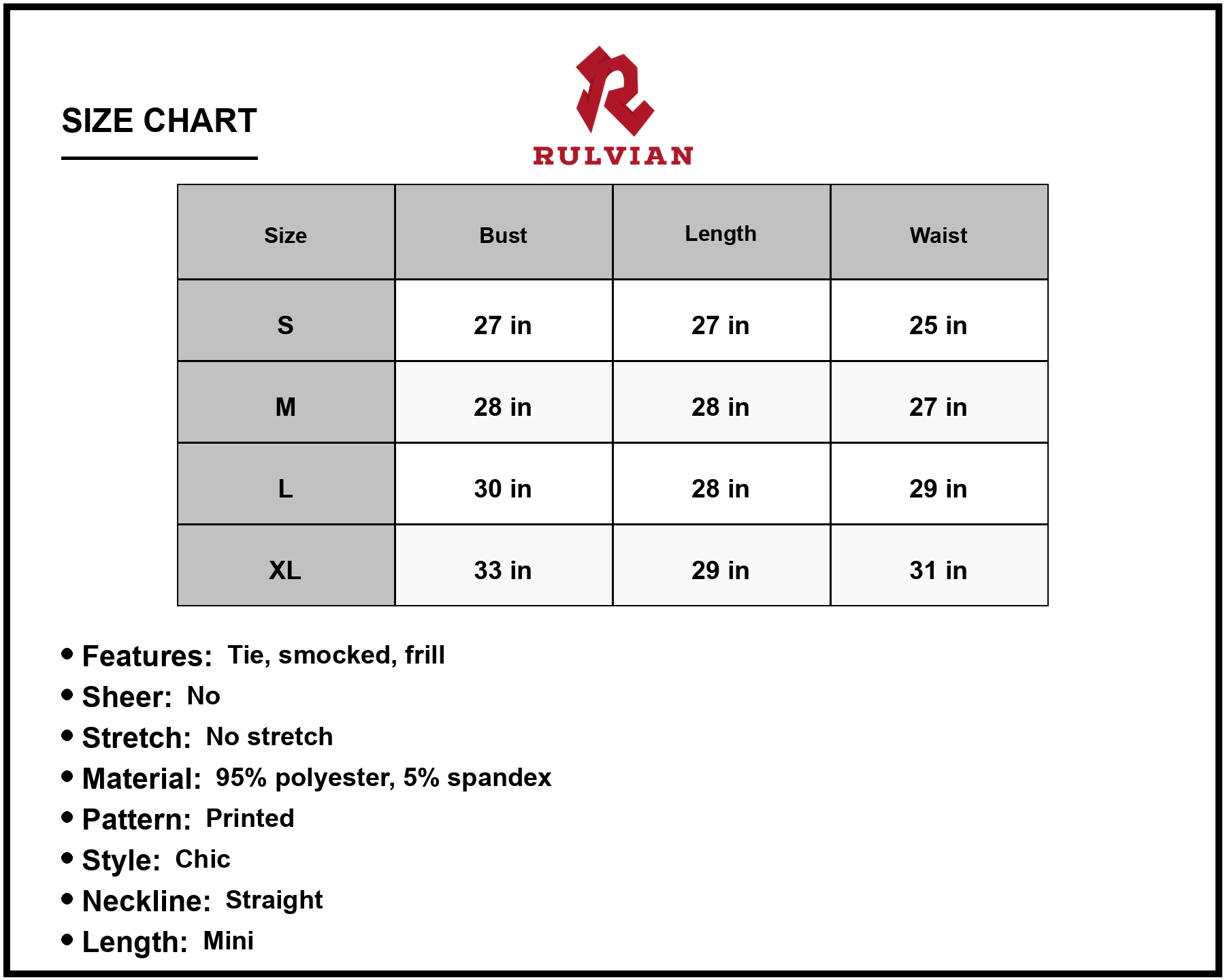 Size Chart - Women's Floral Frill Trim Strapless Smocked Dress Ninety Five Percent Polyester and Five Percent Spandex Fabric