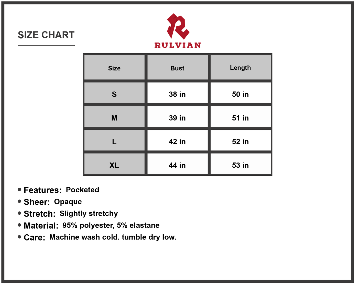 Size Chart - Women's Hooded Short Sleeve Front Slit Dress with Pockets 95% Polyester and 5% Elastane Casual Everyday Wear Essential