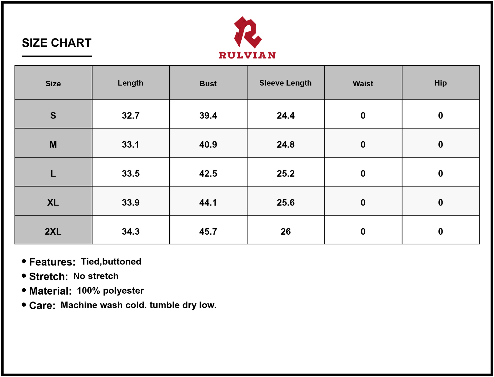 Size Chart - Women's Printed Long Sleeve Shirt Dress with Buttoned Tie Details 100% Polyester Fabric for Everyday Wear Comfort
