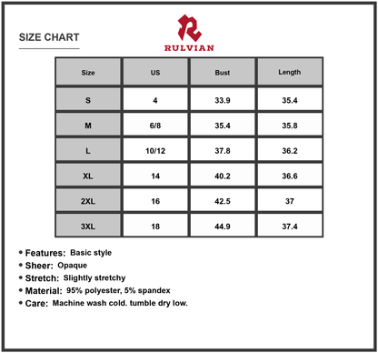 Size Chart - Women's Square Neck Sleeveless Mini Dress Full Size 95% Polyester 5% Spandex Stretch Not Lined Basic Style Casual