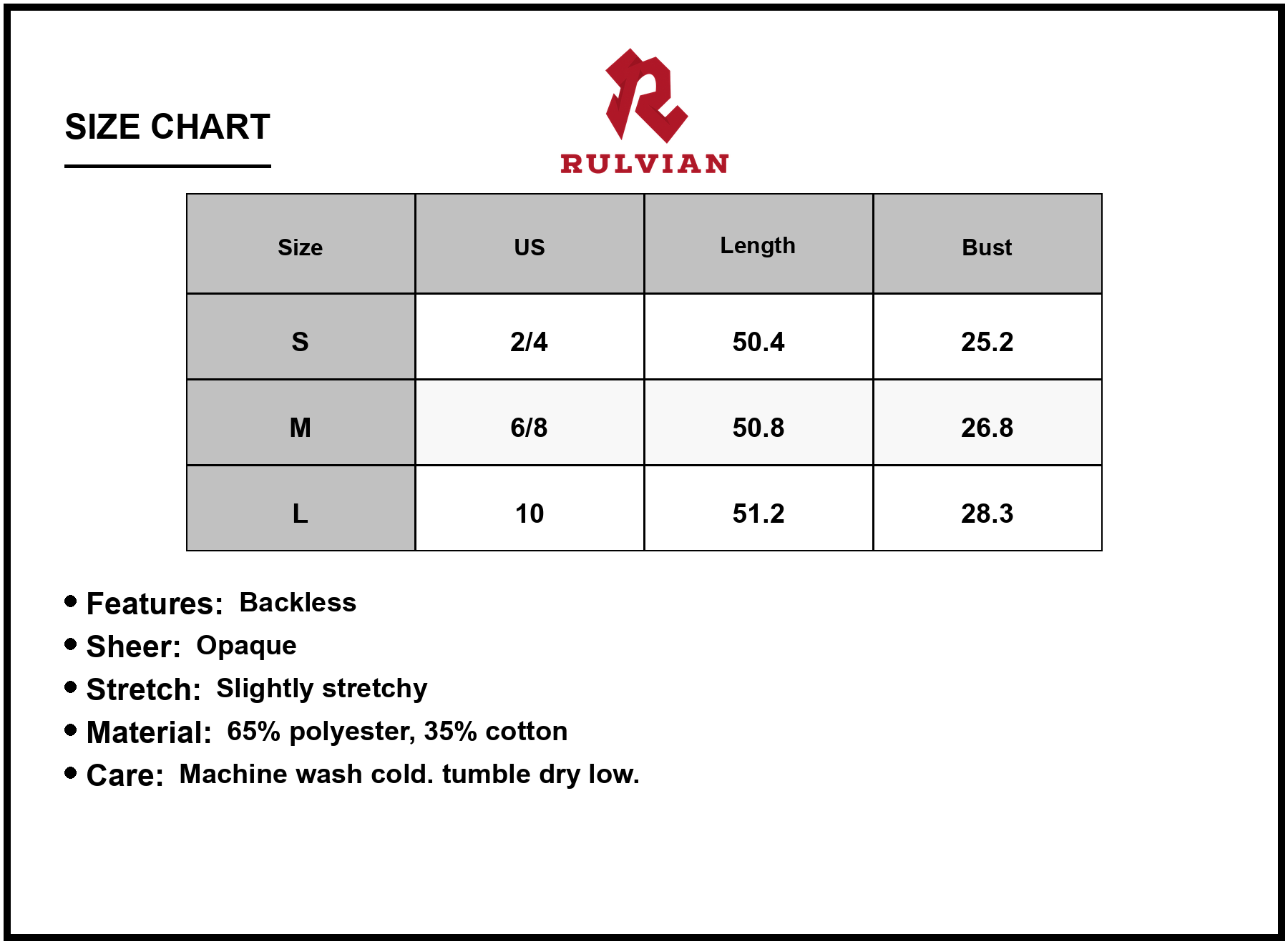 Size Chart - Women's Backless Printed Maxi Cami Dress with Sheer Back and Stretchy Bodice 65% polyester 35% cotton for summer