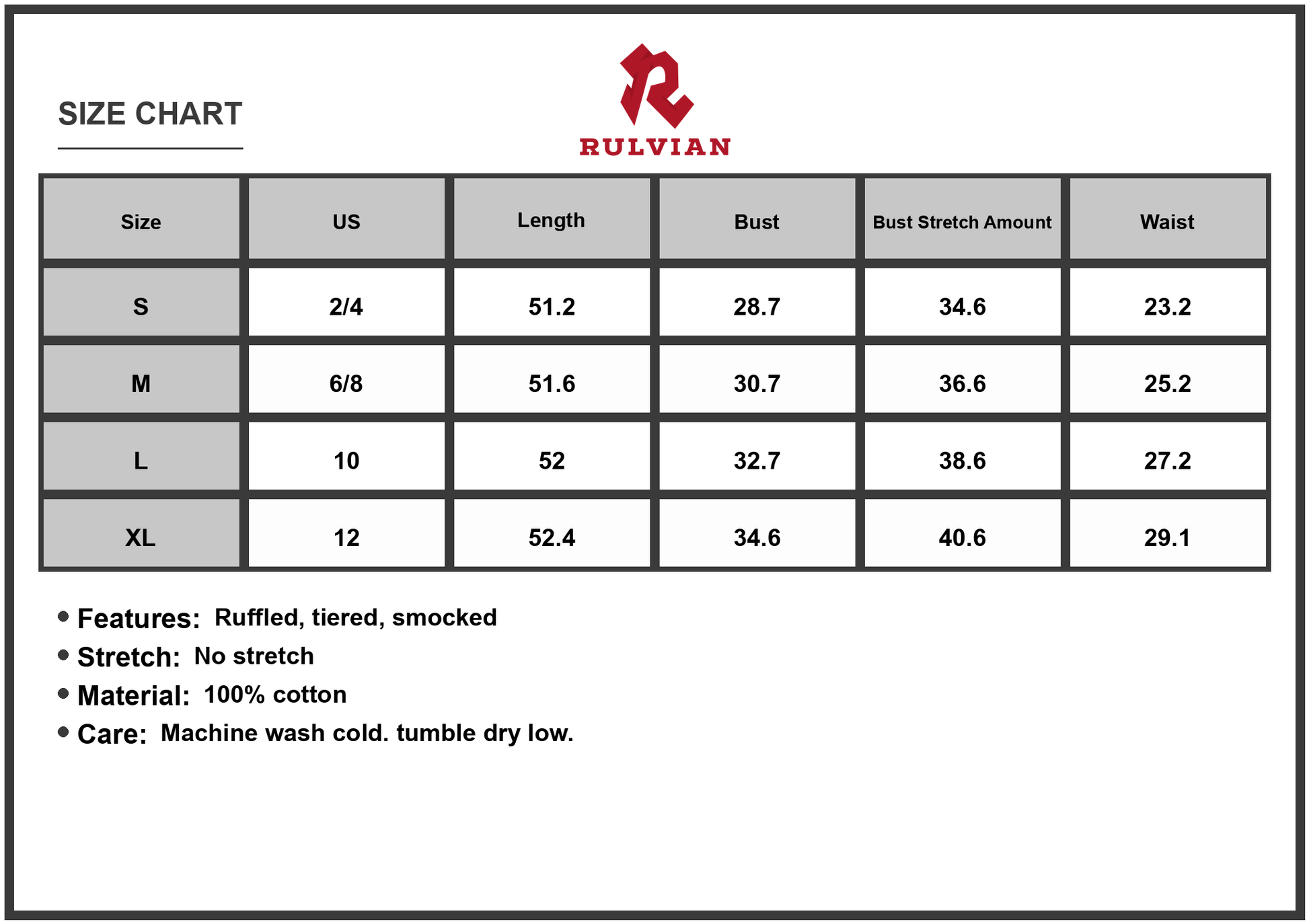 Size Chart - Women's Ruffled V Neck Tiered Dress 100% Cotton Lightweight Everyday Wear Flattering Silhouette For Warm Weather