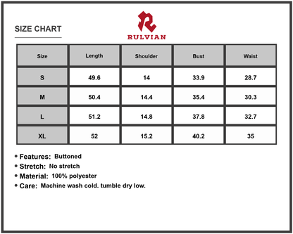 Size Chart - Women's V-Neck Sleeveless Midi Dress with 100% Polyester Fabric Button Front Classic Cut Flattering Fit Everyday Wear