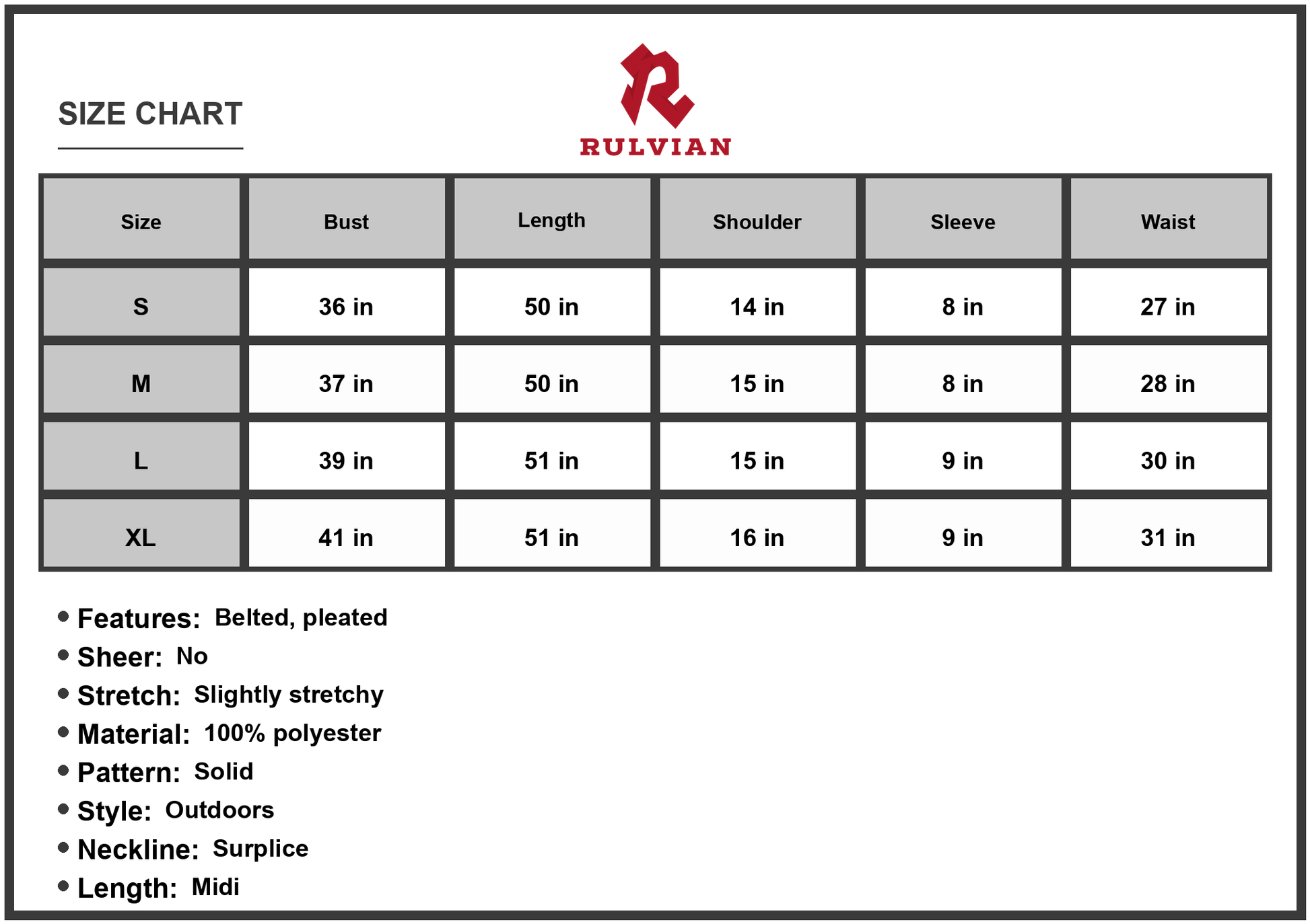 Size Chart - Women's Flutter Sleeve Belted Surplice Midi Dress 100% Polyester Fabric Perfect for Casual Elegant Everyday Wear