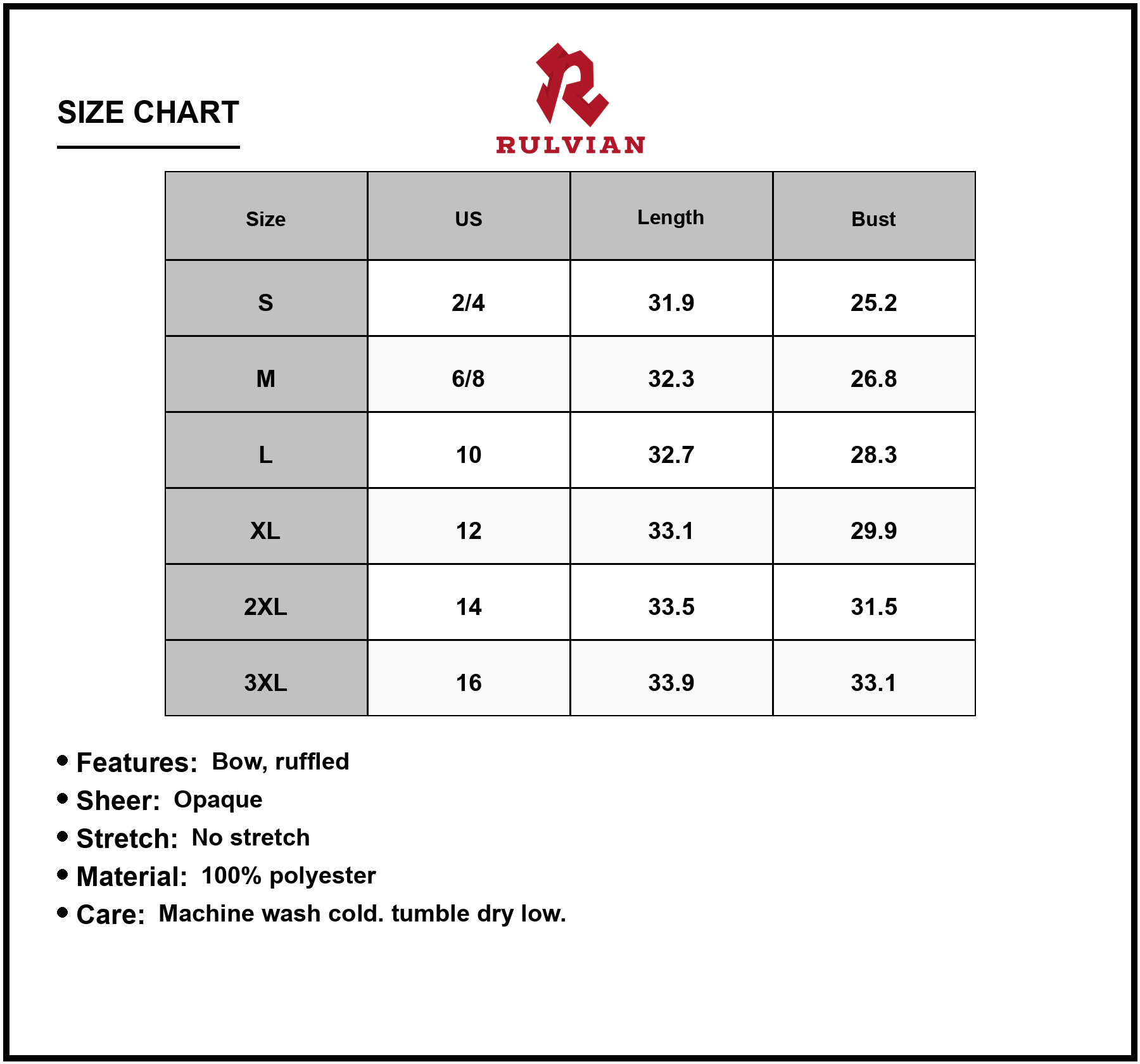 Size Chart - Women's Full Size Ruffled Printed Wide Strap Dress with Bow Detail Floral Pattern 100% Polyester Fabric Everyday Wear