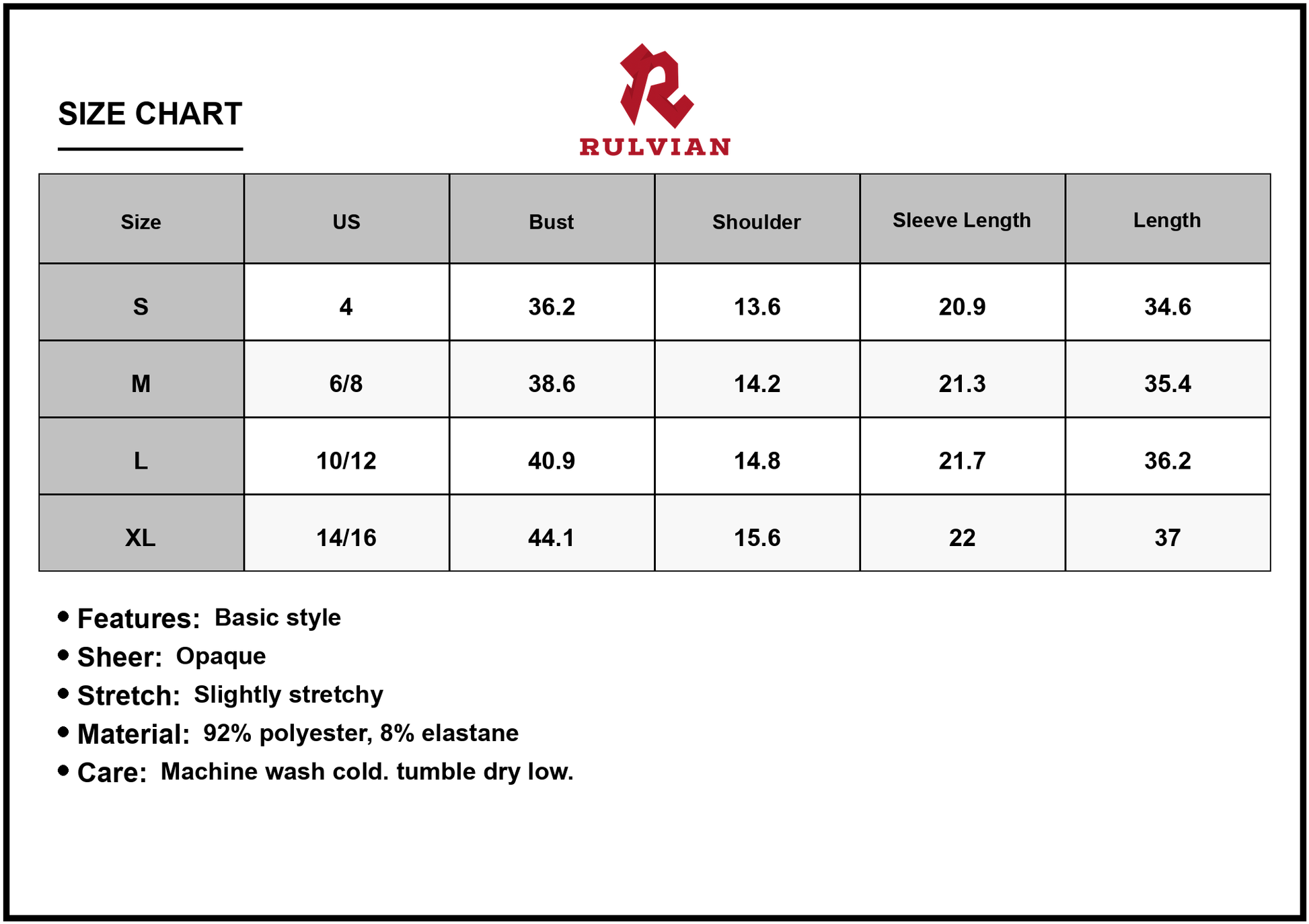 Size Chart - Women's V neck Velvet Mini Dress with Three Quarter Sleeves Ninety Two Percent Polyester And Eight Percent Elastane