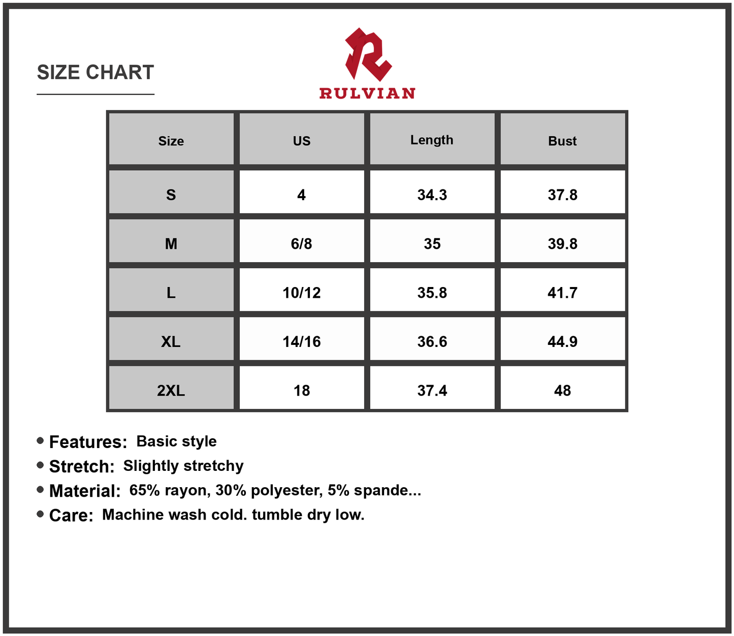 Size Chart - Women's V-Neck Wide Strap Overalls Dress with Slightly Stretchy Fit Imported 65% Rayon 30% Polyester 5% Spandex