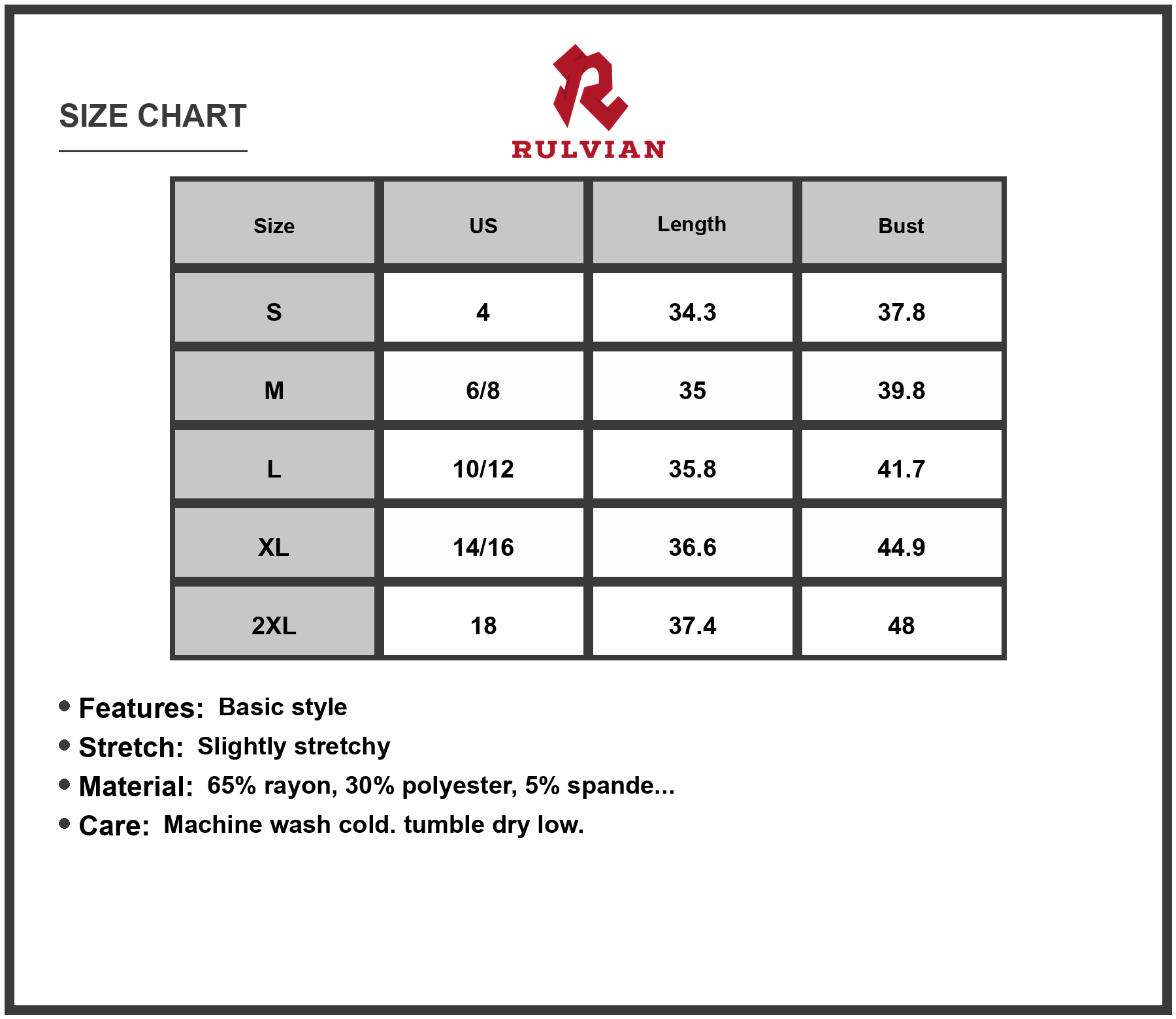 Size Chart - Women's V-Neck Wide Strap Overalls Dress with Slightly Stretchy Fit Imported 65% Rayon 30% Polyester 5% Spandex