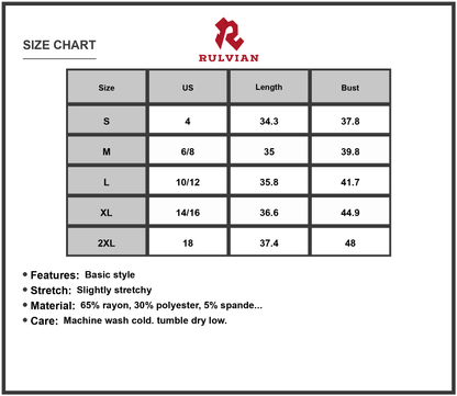 Size Chart - Women's V-Neck Wide Strap Overalls Dress with Slightly Stretchy Fit Imported 65% Rayon 30% Polyester 5% Spandex