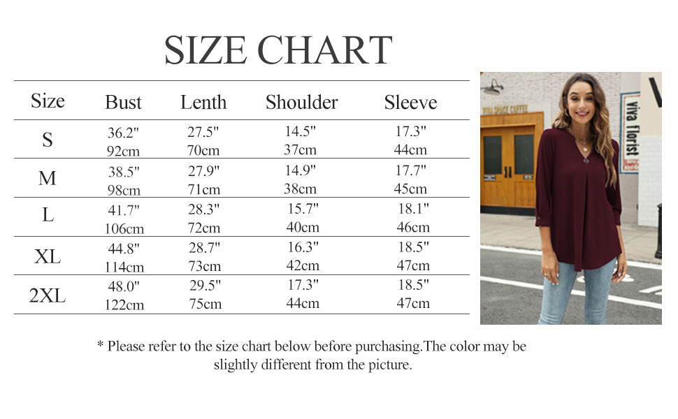 Size Chart - Women's V-neck Clinch Pleated T-shirt Top