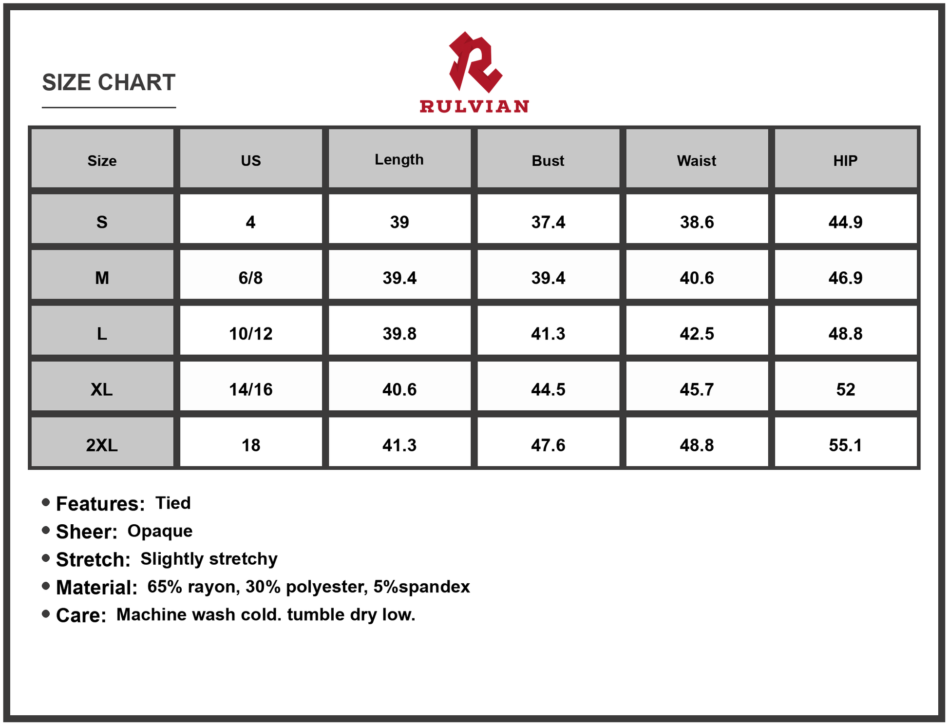 Size Chart - Women's Tied Round Neck Sleeveless Dress with Sheer Ties Opaque Stretch Fabric 65% rayon 30% polyester 5% spandex