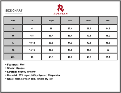 Size Chart - Women's Tied Round Neck Sleeveless Dress with Sheer Ties Opaque Stretch Fabric 65% rayon 30% polyester 5% spandex