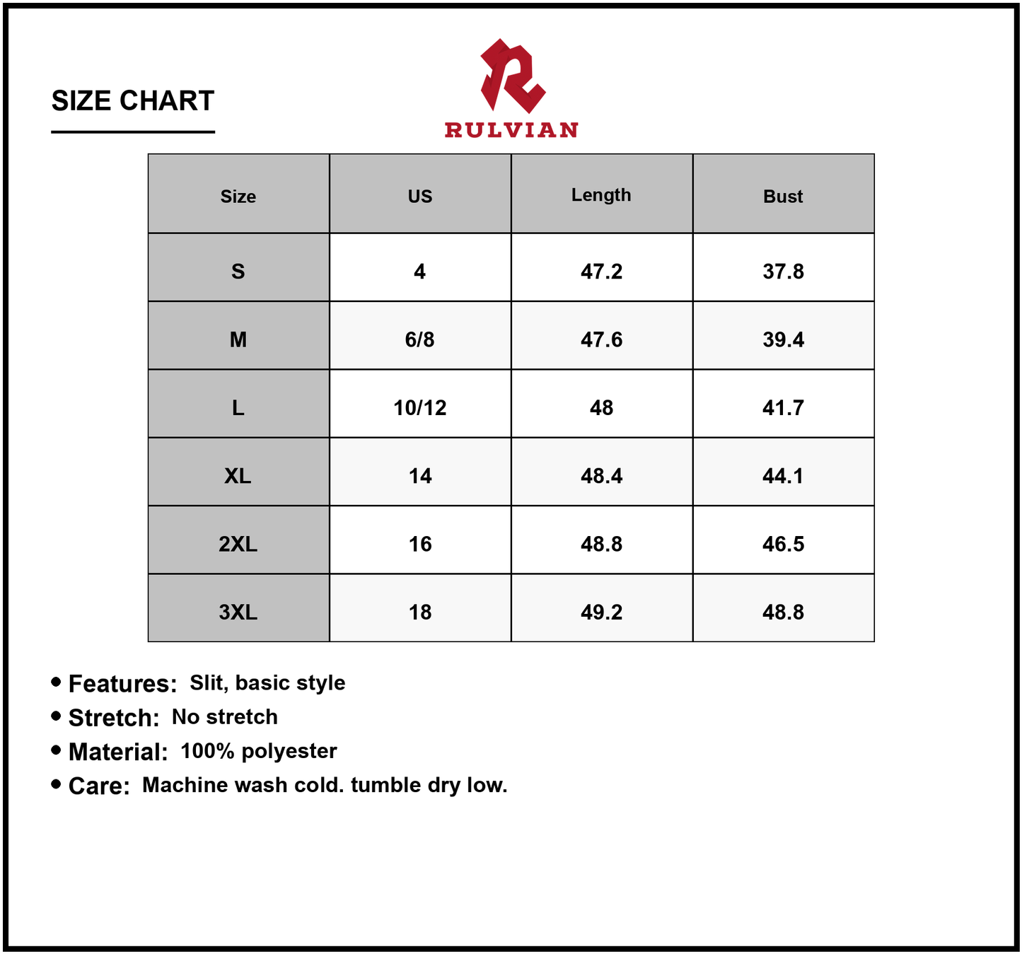 Size Chart - Womens Sleeveless Midi Dress with Side Slit in 100% Polyester Fabric for Plus Size Everyday Wear for flattering fit