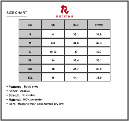 Size Chart - Women's Scoop Neck Wide Strap Mini Dress with 100% Polyester Fabric for Flattering Fit Easy Care and Summer Style