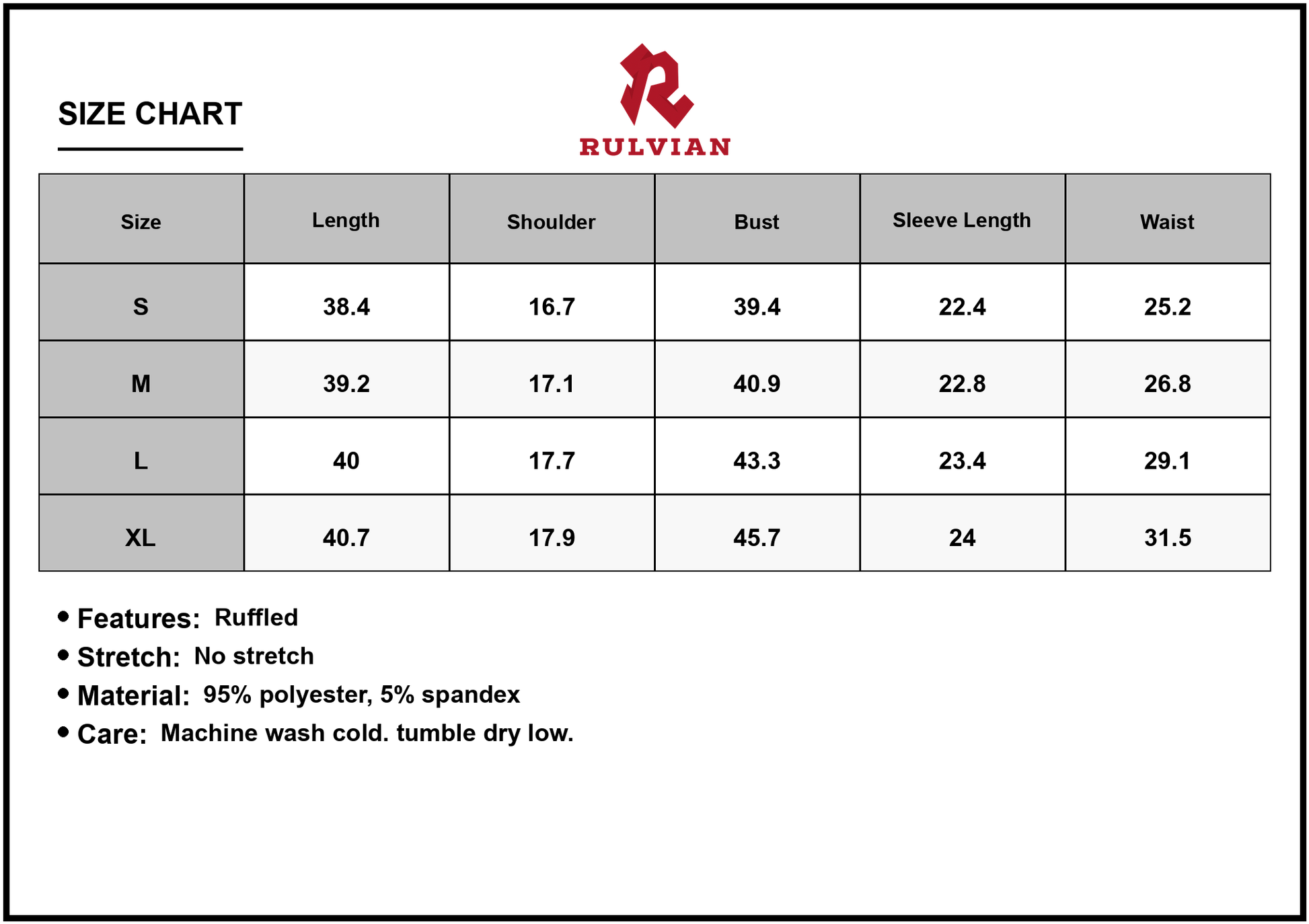 Size Chart - Women's Ruffled Long Sleeve Mini Dress Non Stretch Bodice With Flowy Silhouette 95% Polyester 5% Spandex For Everyday