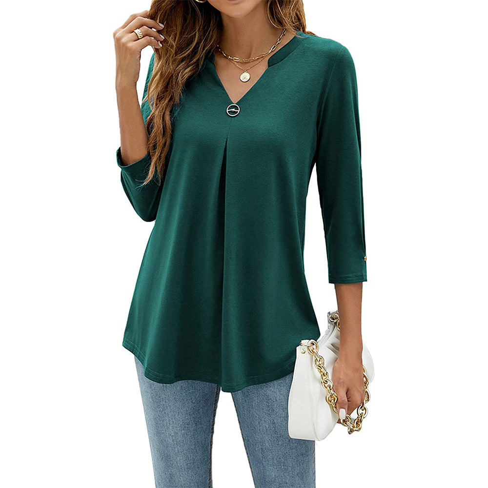 Women's V Neck Clinch Pleated T Shirt Top 100% Cotton Loose Fit Street Style Casual Easy Everyday Wear