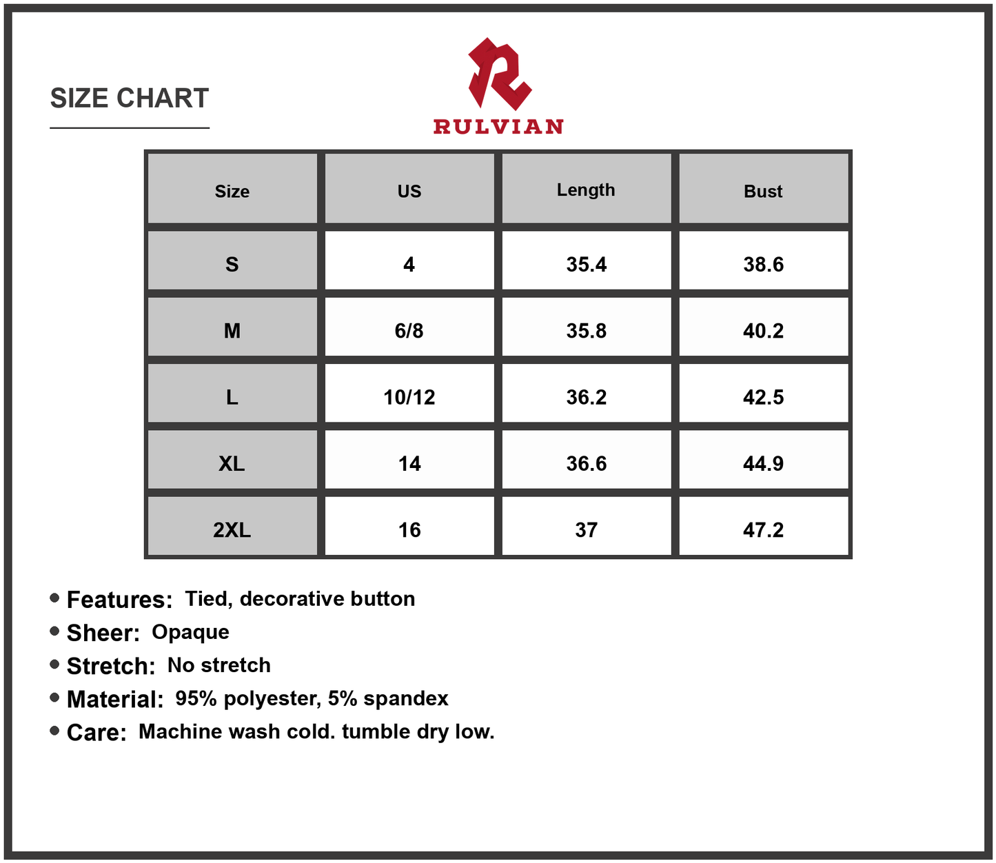 Size Chart - Women's Printed Tie Neck Short Sleeve Dress 95% Polyester 5% Spandex Comfortable Fit For Daywear Everyday Wear
