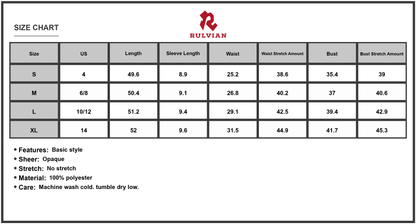 Size Chart - Women's Printed Notched Short Sleeve Midi Dress 100% polyester fabric with flattering silhouette for everyday wear