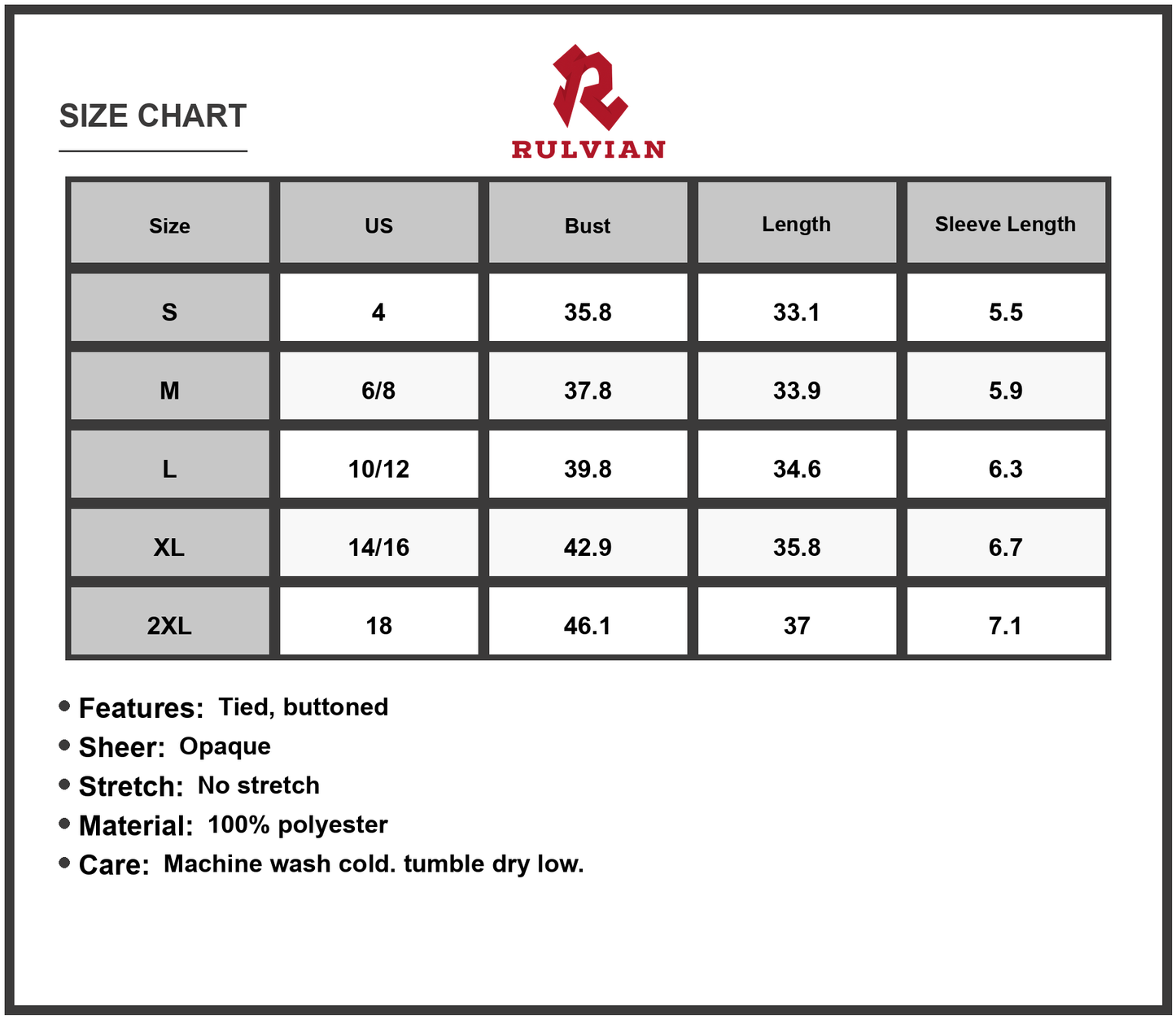 Size Chart - Women's Tied Button Up Short Sleeve Mini Shirt Dress Polyester fabric one hundred percent lightweight casual summer