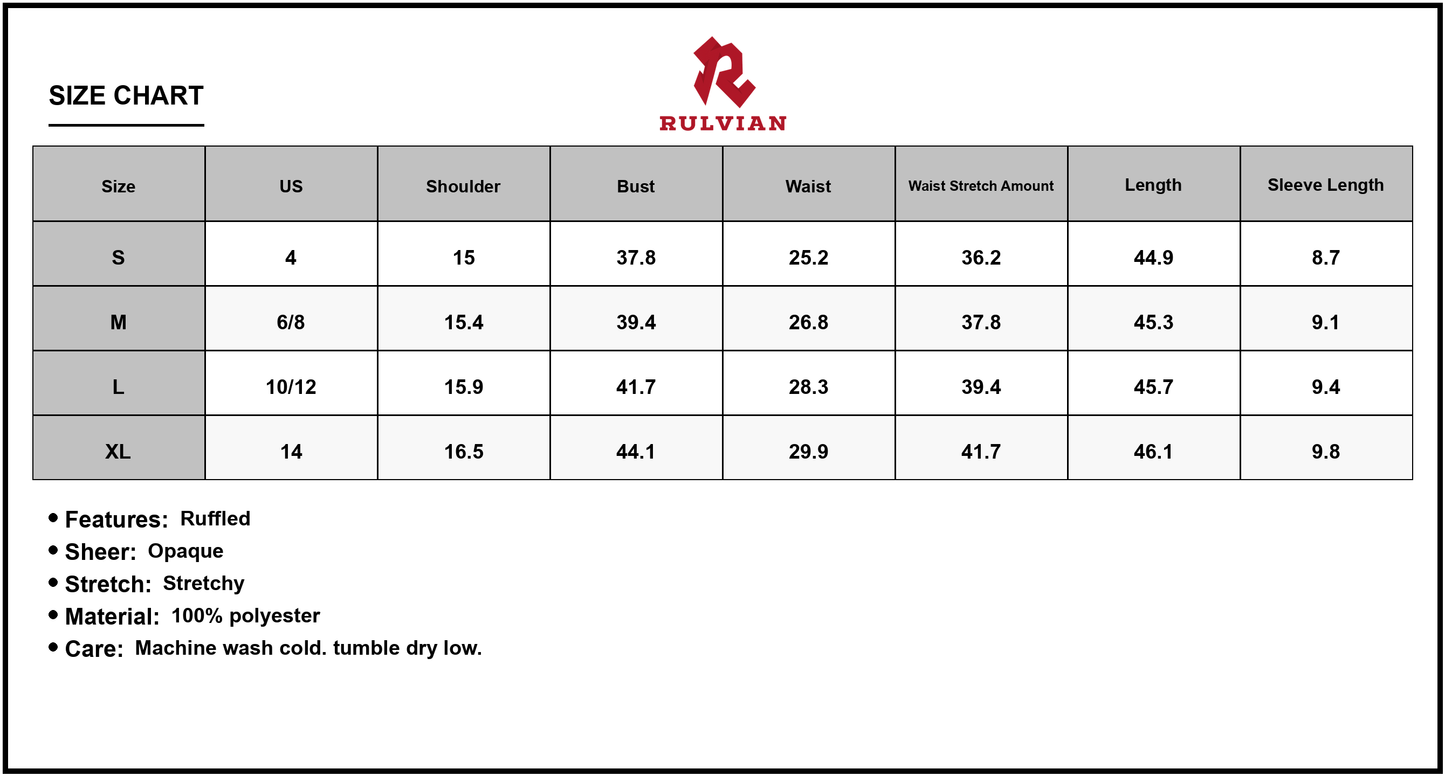 Size Chart - Women's V-Neck Short Sleeve Midi Dress with Ruffled Sheer Overlay and Opaque Stretch Not Lined 100% Polyester