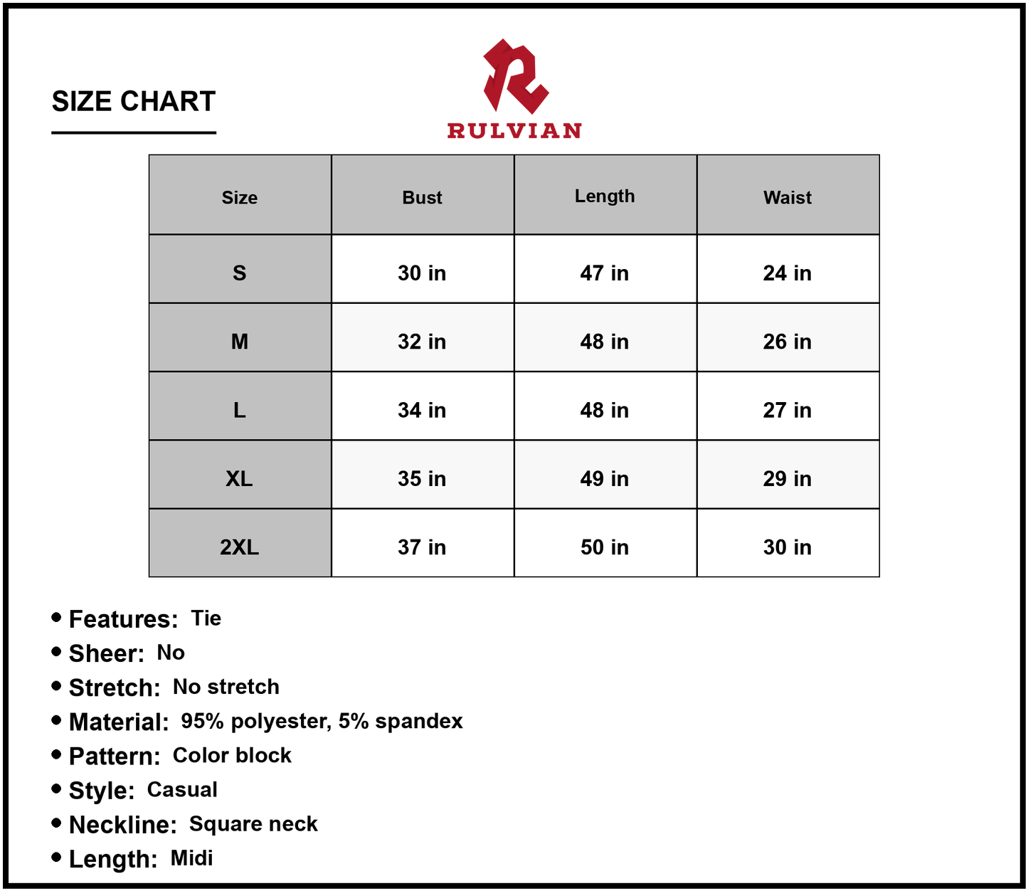 Size Chart - Women's Color Block Tie Shoulder Midi Dress With Square Neck Sleeveless Tiered Design 95% Polyester 5% Spandex Casual