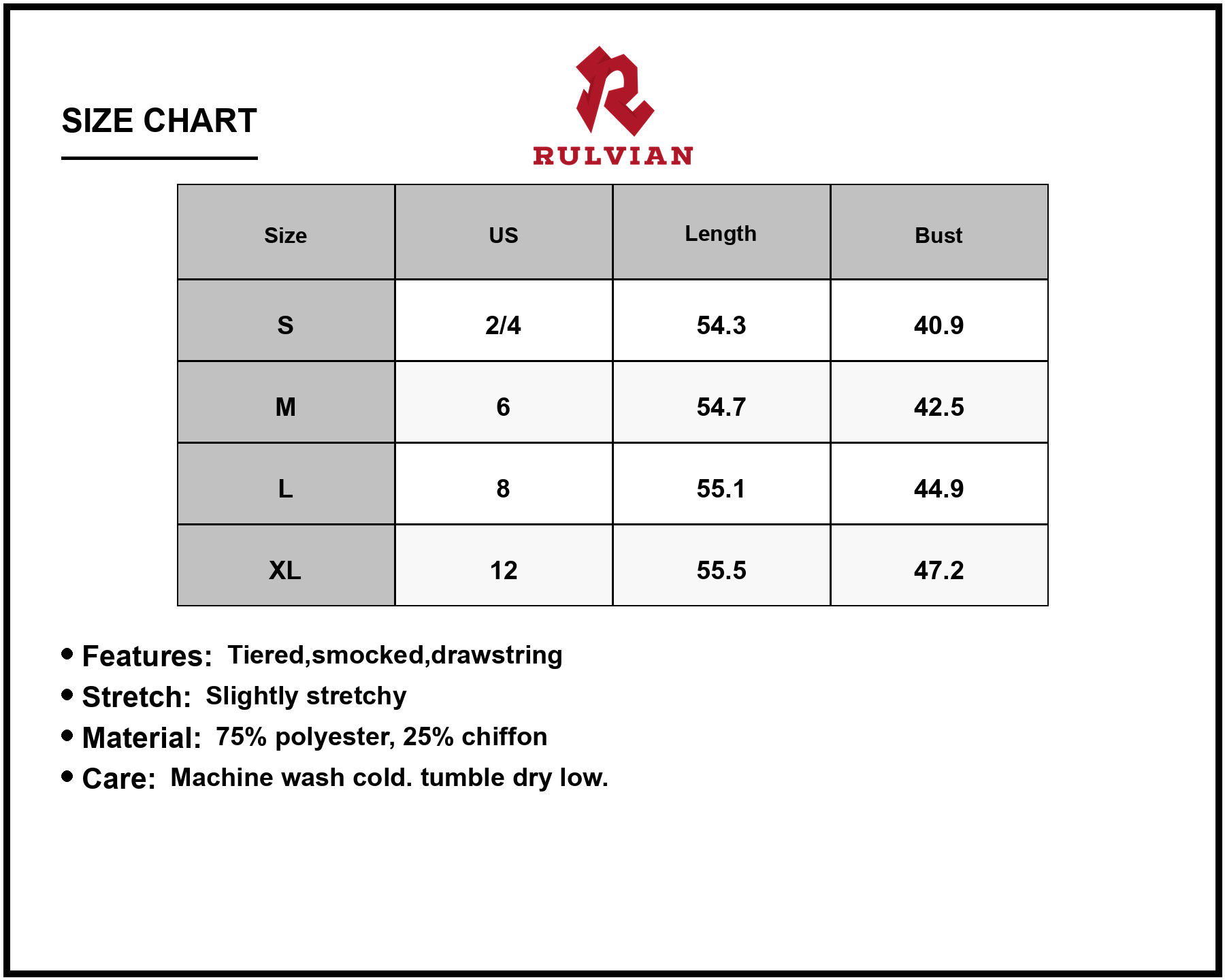 Size Chart - Women's Floral Bohemian Maxi Dress with Balloon Sleeves Tiered Smocked Drawstring 75% Polyester 25% Chiffon Elegant